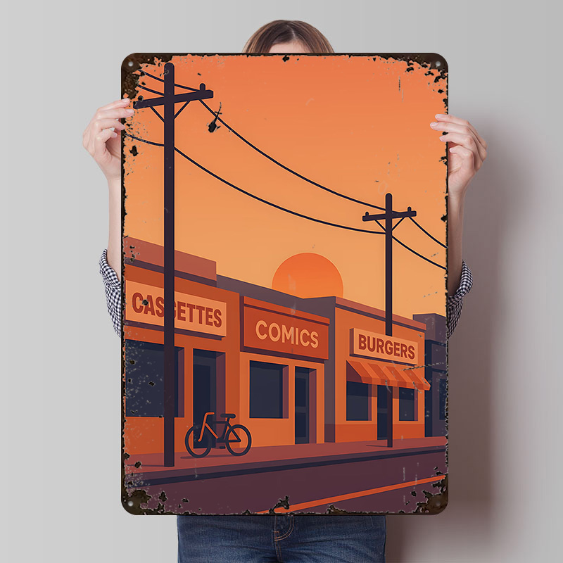Retro Gaming Shops - サンセットストリート ショップや自転車が描かれたポスター カスタマイズされたウォールアート レトロヴィンテージメタルブリキ看板 ホームデコレーション ゲーム用