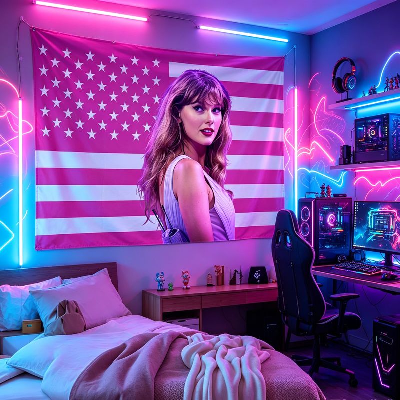 Retro Gaming Room - VIKAMA アメリカ国旗女性歌手プリントタペストリー、レトロネオン美的ウォールアート、ゲームルーム寮寝室家の装飾用